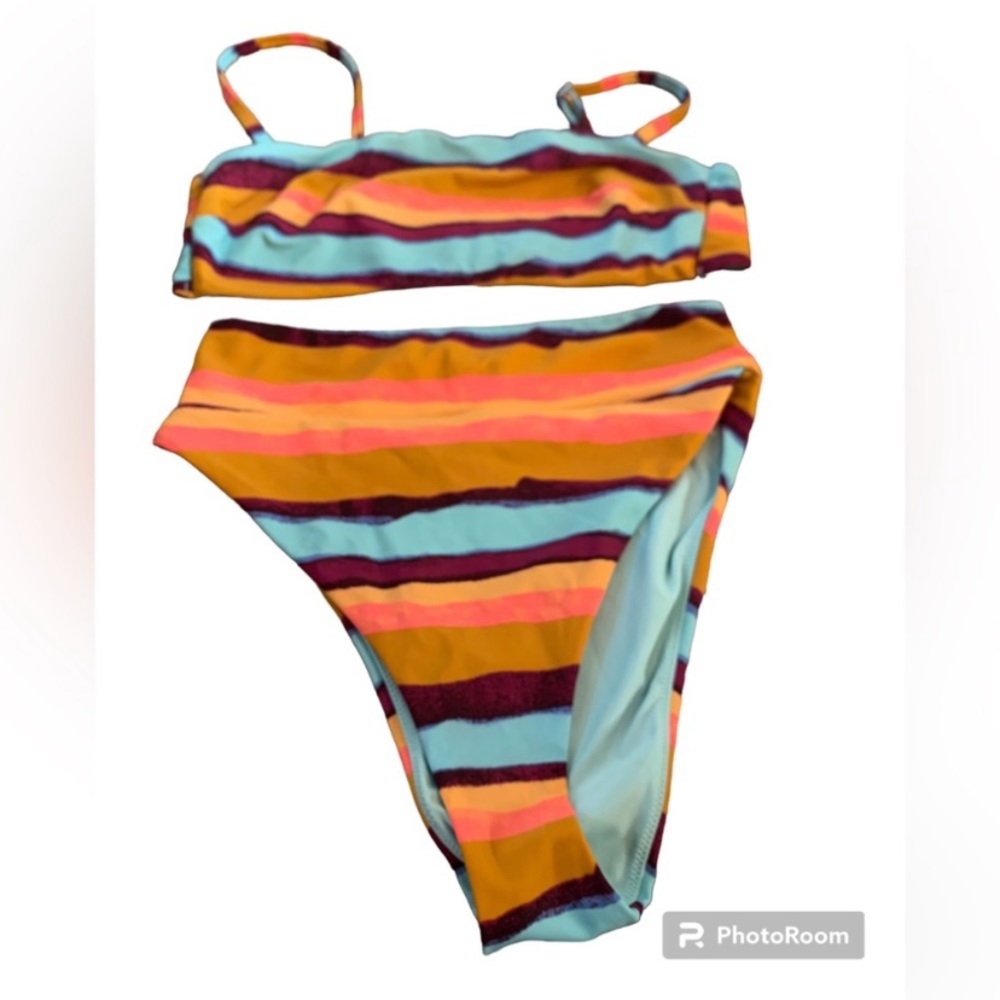 Aerie striped bikini - bright coral pattern - lg top med bottom